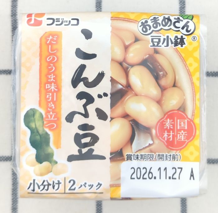 「豆小鉢　こんぶ豆」のパッケージ上部（商品ラベル）